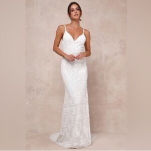 Lulu’s White Everlasting Passion Sequin Beaded Scoop Back Wedding Gown Size XL
